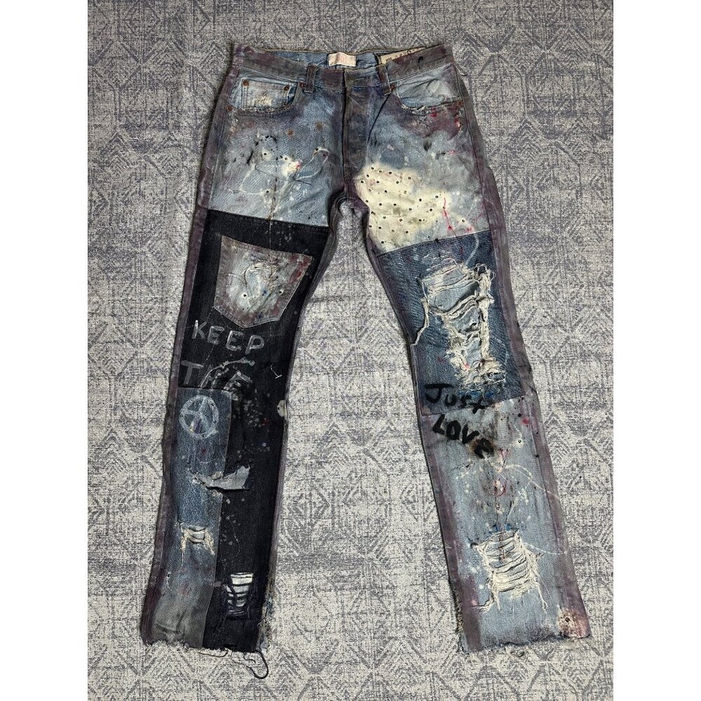 Custom Reworked Embellished Distressed Paint Stained dyed treated NGO x Levis 50